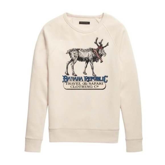 Banana Republic Unisex Reindeer Christmas Sweatshirt Graphic Top Cream Tan Logo - Picture 1 of 4
